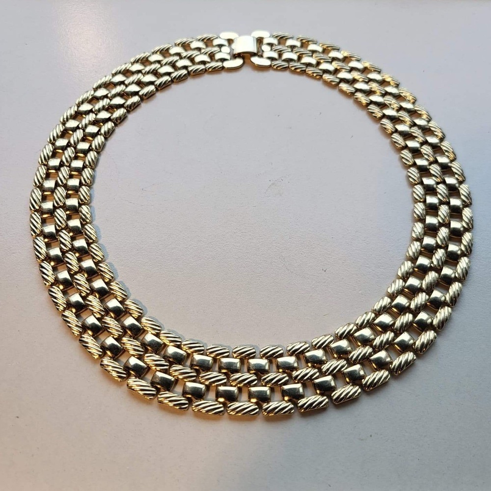Vintage Gold Tone Metal Collar Necklace Wide Ribbed Link Statement